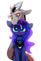 Size: 3000x4494 | Tagged: absurd resolution, artist:elementalokami, cute, derpibooru import, discord, discute, fangs, lunabetes, lunacord, male, missing accessory, princess luna, safe, shipping, smiling, straight