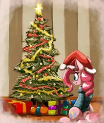 Size: 1185x1393 | Tagged: safe, artist:otakuap, derpibooru import, pinkie pie, christmas, christmas tree, clothes, decoration, hat, ornament, present, santa hat, sitting, solo, stars, sweater, tree