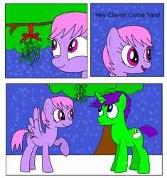 Size: 1200x1279 | Tagged: safe, artist:toyminator900, derpibooru import, oc, oc:clever clop, oc:melody notes, unofficial characters only, pegasus, pony, unicorn, comic, mistletoe, tree