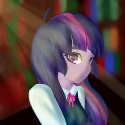 Size: 5000x5000 | Tagged: safe, artist:muserkikki, derpibooru import, twilight sparkle, equestria girls, absurd resolution, alternate costumes, book, clothes, cute, library, looking at you, school uniform, solo, twiabetes