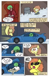Size: 1984x3035 | Tagged: safe, artist:shoutingisfun, derpibooru import, oc, oc:anon, unofficial characters only, earth pony, pony, comic:the little match filly, book, burger, car, comic, female, filly, food, glasses, hamburger, mood whiplash, movie quote, snow, stranger danger, sunglasses, terminator, terminator 2, the little match girl, trash can, wat
