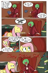 Size: 1984x3035 | Tagged: safe, artist:shoutingisfun, derpibooru import, fluttershy, sweetie belle, oc, oc:anon, comic:the little match filly, absolutely disgusting, book, christmas tree, clothes, comic, couch, dialogue, fireplace, fluttershy is not amused, food, mince pie, mouth hold, onomatopoeia, open mouth, peeved, pie, present, profile, robe, smiling, speech bubble, the little match girl, this will end in tears and/or death, tree, unamused