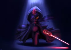 Size: 3508x2480 | Tagged: safe, artist:jeki, derpibooru import, oc, pony, unicorn, 20th century fox, cape, clothes, crossover, disney, glowing horn, lightning, lightsaber, looking at you, lucasfilm, magic, rogue one: a star wars story, sith, solo, star wars, weapon