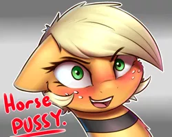 Size: 1500x1200 | Tagged: suggestive, artist:captainpudgemuffin, derpibooru import, applejack, earth pony, pony, alternate hairstyle, blushing, bust, choker, collar, cute, double entendre, female, floppy ears, fluffy, freckles, horse pussy, jackabetes, looking at you, mare, open mouth, pixie cut, portrait, short hair, smiling, solo, wide eyes