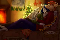 Size: 1280x853 | Tagged: safe, artist:gonedreamer, derpibooru import, oc, oc:april, oc:maychi, unofficial characters only, anthro, earth pony, pegasus, unguligrade anthro, anthro oc, christmas, christmas tree, couple, crying, cuddling, cute, female, fireplace, glasses, heartwarming, hug, lesbian, snuggling, tears of joy, tree, winghug