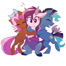 Size: 6000x6000 | Tagged: source needed, safe, artist:meekcheep, derpibooru import, oc, oc:bowtie, oc:mirage, oc:tiebreaker, unofficial characters only, draconequus, earth pony, pegasus, pony, absurd resolution, group hug, happy, hug, looking at you, ponycon, simple background, smiling, surprised, transparent background