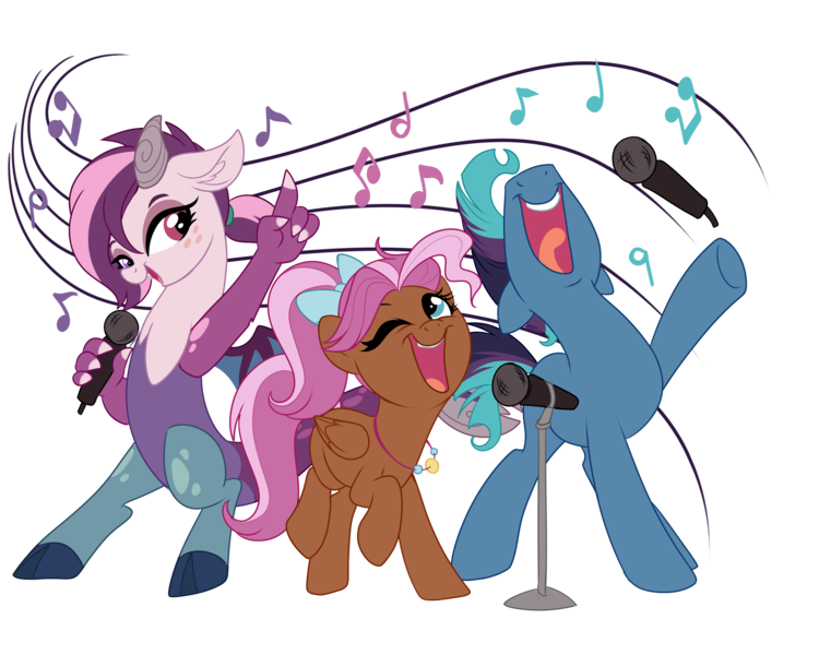 Size: 4500x3600 | Tagged: artist needed, source needed, safe, derpibooru import, oc, oc:bowtie, oc:mirage, oc:tiebreaker, unofficial characters only, draconequus, earth pony, pegasus, pony, absurd resolution, microphone, music notes, nose in the air, ponycon, simple background, singing, transparent background