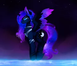 Size: 2480x2123 | Tagged: safe, artist:magnaluna, derpibooru import, princess luna, alicorn, pony, body markings, chest fluff, color porn, colored pupils, colored wings, colored wingtips, curved horn, ear fluff, eyeshadow, female, fluffy, galaxy mane, jewelry, lidded eyes, looking down, makeup, mare, night, regalia, solo, spread wings, stars, unshorn fetlocks