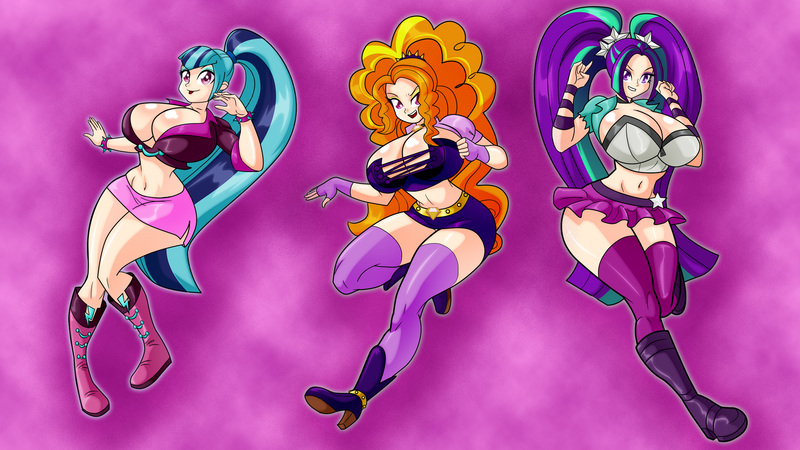 Size: 1920x1080 | Tagged: suggestive, artist:art-2u, artist:shinta-girl, derpibooru import, adagio dazzle, aria blaze, sonata dusk, human, equestria girls, belly button, big breasts, bimbo, boots, bracelet, breasts, busty adagio dazzle, busty aria blaze, busty dazzlings, busty sonata dusk, cleavage, clothes, collar, commission, corset, curvy, dazzlings, female, fingerless gloves, gloves, high heel boots, high heels, hourglass figure, huge breasts, jacket, jewelry, latex boots, midriff, miniskirt, pigtails, pleated skirt, ponytail, side slit, skirt, skirt lift, socks, the dazzlings, thigh highs, tongue out, tube top, twintails, wallpaper, wide hips, zettai ryouiki