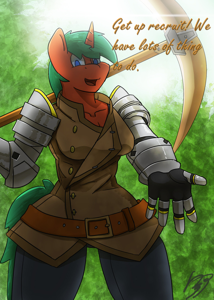 Size: 1500x2100 | Tagged: safe, artist:mopyr, derpibooru import, oc, oc:glimmer shield, unofficial characters only, anthro, armor, clothes, commission, grammar error, lens flare, solo, weapon