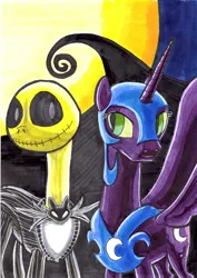 Size: 1653x2338 | Tagged: artist:bbqninja501st, christmas, crossover, derpibooru import, implied shipping, jack skellington, nightmare moon, safe, the nightmare before christmas, traditional art