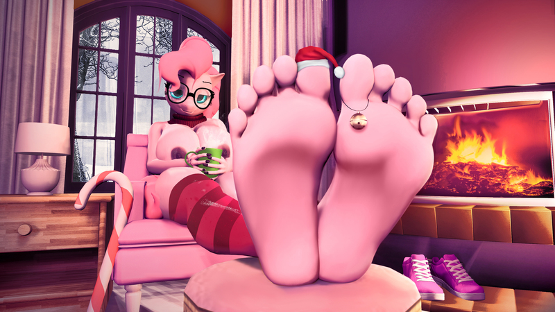 Size: 3200x1800 | Tagged: 3d, anthro, artist:more-useless-source, barefoot, bedroom eyes, big breasts, breasts, busty pinkie pie, candy, candy cane, chocolate, christmas, clothes, cup, derpibooru import, digital art, feet, female, fire, fireplace, food, foot fetish, glasses, hot chocolate, lamp, looking at you, nail polish, nipples, nudity, pinkie pie, plantigrade anthro, questionable, shoes, sitting, sneakers, soles, solo, solo female, stockings, window