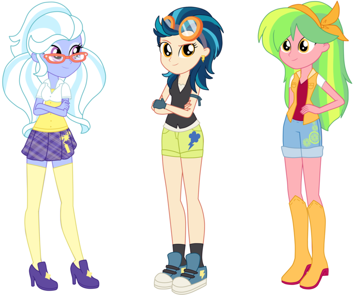 Size: 3700x3000 | Tagged: safe, artist:luckyclau, derpibooru import, indigo zap, lemon zest, sugarcoat, equestria girls, alternate universe, boots, clothes, converse, crossed arms, glasses, goggles, high heels, shoes, shorts, simple background, transparent background