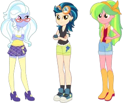 Size: 3700x3000 | Tagged: safe, artist:luckyclau, derpibooru import, indigo zap, lemon zest, sugarcoat, equestria girls, alternate universe, boots, clothes, converse, crossed arms, glasses, goggles, high heels, shoes, shorts, simple background, transparent background