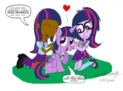 Size: 3090x2274 | Tagged: safe, artist:newportmuse, derpibooru import, sci-twi, twilight sparkle, twilight sparkle (alicorn), equestria girls, clothes, dark skin, dialogue, eyes closed, glasses, heart, hug, human ponidox, kneeling, leg warmers, looking back, mary janes, open mouth, pleated skirt, ponytail, raised hoof, self ponidox, shoes, signature, simple background, sitting, skirt, smiling, socks, speech bubble, twyla sparks, white background