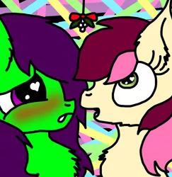 Size: 992x1019 | Tagged: safe, artist:anxiouslilnerd, artist:stormlover10, derpibooru import, roseluck, oc, oc:camoflage cat, canon x oc, collaboration, couple, female, heart eyes, lesbian, mistletoe, neon, shipping, wingding eyes