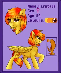 Size: 2497x3000 | Tagged: safe, artist:fkk, derpibooru import, oc, oc:firetale, unofficial characters only, pegasus, pony, commission, female, female symbol, mare, raised hoof, reference sheet, ych result