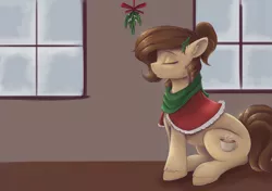 Size: 5100x3600 | Tagged: safe, artist:ardail, derpibooru import, oc, oc:mocha latte, unofficial characters only, earth pony, pony, absurd resolution, clothes, ear fluff, eyes closed, female, mare, mistletoe, scarf, sitting, smiling, solo, window