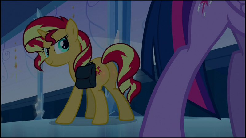 Size: 1920x1080 | Tagged: safe, derpibooru import, edit, edited screencap, editor:joshua, screencap, sunset shimmer, twilight sparkle, twilight sparkle (alicorn), pony, equestria girls, bunset shimmer, butt blush, plot