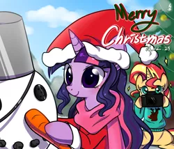 Size: 1400x1200 | Tagged: safe, artist:haden-2375, derpibooru import, sci-twi, sunset shimmer, twilight sparkle, pony, unicorn, button, camera, carrot, clothes, coal, cute, female, food, hat, hearth's warming, lesbian, mare, merry christmas, santa hat, scarf, scitwishimmer, shimmerbetes, shipping, sitting, smiling, snow, snowman, sunsetsparkle, twiabetes