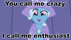 Size: 960x540 | Tagged: safe, derpibooru import, edit, edited screencap, screencap, trixie, pony, unicorn, boast busters, cape, caption, clothes, crazy trixie, female, hat, image macro, looking at you, mare, meme, solo, trixie yells at everything