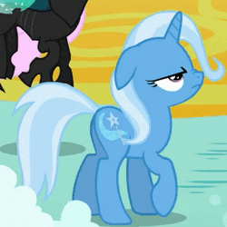 Size: 320x320 | Tagged: safe, derpibooru import, screencap, thorax, trixie, changeling, pony, unicorn, to where and back again, animated, blinking, floppy ears, gif, grumpy, looking up, nose wrinkle, raised hoof, solo focus