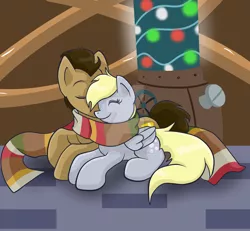 Size: 1024x945 | Tagged: safe, artist:yoshimarsart, derpibooru import, derpy hooves, doctor whooves, time turner, pegasus, pony, clothes, doctorderpy, female, male, mare, nuzzling, prone, scarf, shared clothing, shared scarf, shipping, straight, watermark