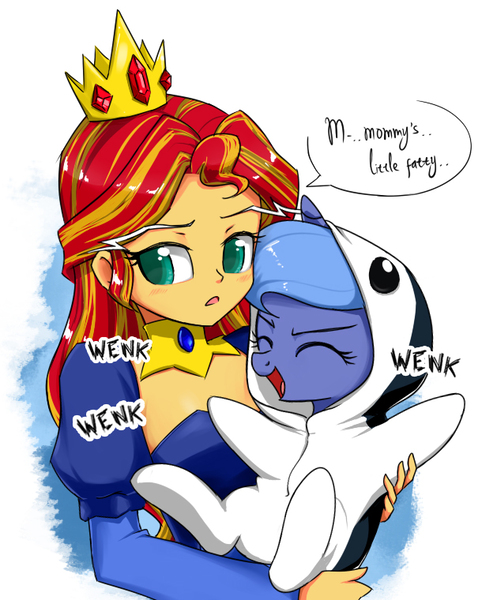 Size: 629x760 | Tagged: safe, artist:twilite-sparkleplz, derpibooru import, princess luna, sunset shimmer, penguin, pony, equestria girls, adventure time, cartoon network, clothes, costume, crossover, crown, cute, dialogue, duo, filly, gunther, holding a pony, ice king, ice queen, jewelry, kigurumi, lunabetes, majestic as fuck, open mouth, princess, regalia, speech bubble, twilite-sparkleplz is trying to murder us, woona, younger