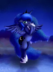 Size: 1280x1707 | Tagged: safe, artist:scylla the kelpie, derpibooru import, princess luna, pony, bipedal, crown, curvy, cute, dream, dreamscape, fog, jewelry, lake, mist, moon, mountain, night, reflection, regalia, sky, solo, stars, water, winter solstice