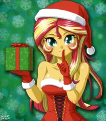 Size: 1050x1200 | Tagged: suggestive, artist:uotapo, derpibooru import, sunset shimmer, equestria girls, adorasexy, blushing, breasts, busty sunset shimmer, christmas, cleavage, clothes, corset, costume, cute, female, gloves, hat, holiday, looking at you, present, santa costume, santa hat, sexy, sexy santa costume, shimmerbetes, solo, solo female, uotapo is trying to murder us