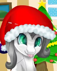 Size: 1024x1273 | Tagged: safe, artist:legenddestroye, derpibooru import, oc, oc:double backstitch, unofficial characters only, pony, christmas tree, female, hat, mare, plushie, santa hat, solo, tongue out, tree, watermark