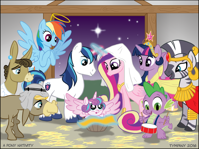 Size: 1024x768 | Tagged: safe, artist:tim-kangaroo, derpibooru import, cranky doodle donkey, matilda, princess cadance, princess flurry heart, rainbow dash, shining armor, spike, twilight sparkle, twilight sparkle (alicorn), zecora, alicorn, donkey, pony, zebra, angel, big crown thingy, christianity, christmas, clothes, coronation dress, crankilda, cute, dress, female, fridge horror, halo, jesus christ, jewelry, keffiyeh, male, manger, nativity, regalia, religion, religious focus, religious headcanon, shiningcadance, shipping, star of bethlehem, stars, straight, straw, the implications are horrible, the little drummer boy, the magi, unfortunate implications