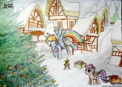 Size: 2556x1831 | Tagged: artist:ponystarpony, christmas lights, christmas tree, decoration, derpibooru import, flying, rainbow dash, safe, scootaloo, sled, snow, traditional art, tree