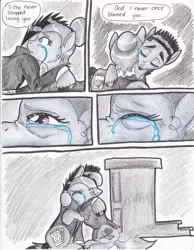 Size: 2552x3288 | Tagged: safe, artist:tristanjsolarez, derpibooru import, oc, unofficial characters only, earth pony, pony, comic:trans ponies, clothes, comic, crying, female, flashback, gray background, grayscale, grieving, hug, male, mare, monochrome, neo noir, partial color, simple background, stallion