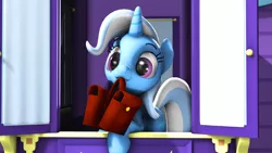 Size: 3840x2160 | Tagged: safe, artist:furima, deleted from derpibooru, derpibooru import, trixie, pony, unicorn, to where and back again, 3d, cute, diatrixes, female, mare, mouth hold, nose wrinkle, saddle bag, scene interpretation, solo, source filmmaker, to saddlebags and back again, trixie's wagon