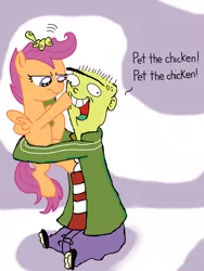 Size: 960x1280 | Tagged: safe, artist:i3b4eva, derpibooru import, scootaloo, pony, crossover, ed, ed edd n eddy, frown, glare, holding a pony, hug, open mouth, pet the chicken, petting, pushing, scootachicken, scootaloo is not amused, sitting, smiling, this will end in pain, unamused