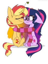 Size: 2400x3200 | Tagged: safe, artist:xxsunsetshimmer23xx, derpibooru import, sci-twi, sunset shimmer, twilight sparkle, ponified, pony, clothes, female, glasses, heart, lesbian, scarf, scitwishimmer, shared clothing, shared scarf, shipping, simple background, sunsetsparkle, transparent background, wingless