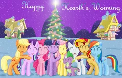 Size: 2382x1524 | Tagged: safe, artist:majkashinoda626, derpibooru import, applejack, fluttershy, pinkie pie, rainbow dash, rarity, spike, starlight glimmer, sunset shimmer, twilight sparkle, twilight sparkle (alicorn), alicorn, pony, christmas, christmas tree, eyes closed, group, hug, mane nine, mane seven, mane six, merry christmas, ponyville, smiling, snow, snowfall, tree