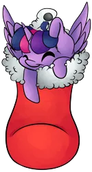 Size: 1862x3482 | Tagged: safe, artist:cutepencilcase, derpibooru import, twilight sparkle, twilight sparkle (alicorn), alicorn, pony, christmas stocking, commission, cute, eyes closed, silly, silly pony, smiling, solo, twiabetes, ych result