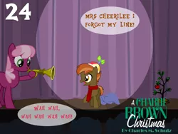 Size: 1024x768 | Tagged: safe, artist:bronybyexception, derpibooru import, button mash, cheerilee, earth pony, pony, a charlie brown christmas, advent calendar, blanket, bugle, bugle mistaken for a trumpet, charlie brown, christmas, christmas tree, clothes, colt, dialogue, female, hearth's warming eve, linus van pelt, male, mare, musical instrument, peanuts, puffy cheeks, scarf, stage, tree, trumpet