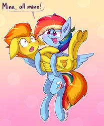 Size: 1920x2318 | Tagged: safe, artist:dsp2003, derpibooru import, rainbow dash, spitfire, pegasus, pony, blushing, female, floppy ears, holding a pony, lesbian, open mouth, plot, scared, shipping, spitdash