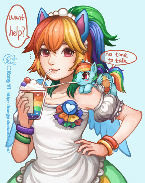 Size: 1024x1287 | Tagged: artist:kongyi, clothes, crossover, derpibooru import, eared humanization, human, humanized, human ponidox, micro, rainbow dash, robin douglas, safe, self ponidox, starswirl academy, tiny ponies, winged humanization