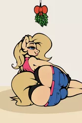Size: 1280x1920 | Tagged: anthro, artist:slavedemorto, ass, clothes, derpibooru import, dock, fingerless gloves, gloves, jeans, kiss my ass, looking at you, looking back, mistletoe, mistletoe abuse, oc, oc:backy, panties, pants, solo, suggestive, the ass was fat, underwear, unofficial characters only, wedgie