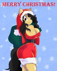 Size: 1024x1280 | Tagged: anthro, artist:solratic, bag, big breasts, breasts, christmas, clothes, costume, curly hair, curvy, derpibooru import, digital art, female, frizzy hair, huge breasts, oc, oc:terra, pinup, santa costume, sexy, solo, suggestive, unofficial characters only