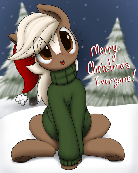 Size: 2700x3383 | Tagged: safe, artist:anearbyanimal, derpibooru import, ponified, earth pony, pony, clothes, cute, daaaaaaaaaaaw, epona, eponadorable, female, frog (hoof), hat, mare, pine tree, santa hat, sitting, snow, solo, sweater, the legend of zelda, tree, turtleneck, underhoof, weapons-grade cute