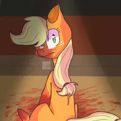 Size: 1000x1000 | Tagged: semi-grimdark, artist:xellyskywalker2004, derpibooru import, applejack, earth pony, pony, blood, cannibalism, implied murder, ponies eating meat, sitting, solo