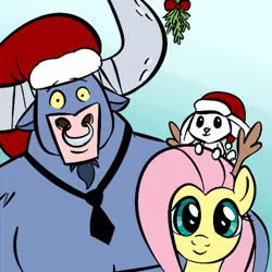 Size: 750x750 | Tagged: safe, artist:creepycurse, derpibooru import, angel bunny, fluttershy, iron will, minotaur, pegasus, pony, rabbit, angelbetes, animal, christmas, cute, hat, holly, looking at you, reindeer antlers, santa hat, smiling, smiling at you, trio, willabetes