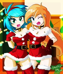 Size: 3400x4000 | Tagged: absurd resolution, adorasexy, artist:danmakuman, bell, bell collar, belt, big breasts, boots, breasts, christmas, christmas tree, cleavage, clothes, collar, cute, derpibooru import, dress, duo, duo female, female, green underwear, human, humanized, humanized oc, looking at you, miniskirt, no bra underneath, oc, oc:peachy cream, one eye closed, panties, sexy, skirt, skirt lift, socks, suggestive, thigh boots, thigh highs, tree, underwear, unofficial characters only, upskirt, wink, zettai ryouiki