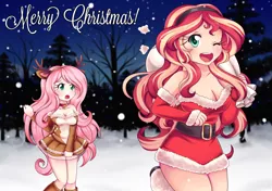 Size: 1700x1200 | Tagged: adorasexy, artist:lucy-tan, breasts, busty fluttershy, busty sunset shimmer, christmas, cleavage, clothes, costume, cute, derpibooru import, duo, duo female, female, fluttershy, human, humanized, looking back, merry christmas, one eye closed, reindeer antlers, santa costume, sexy, shimmerbetes, shyabetes, snow, suggestive, sunset shimmer, wink