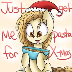 Size: 2048x2048 | Tagged: artist:vanillashineart, bowl, derpibooru import, female, food, food pony, hat, macaroni, mare, oc, original species, pasta, safe, santa hat, solo, unofficial characters only